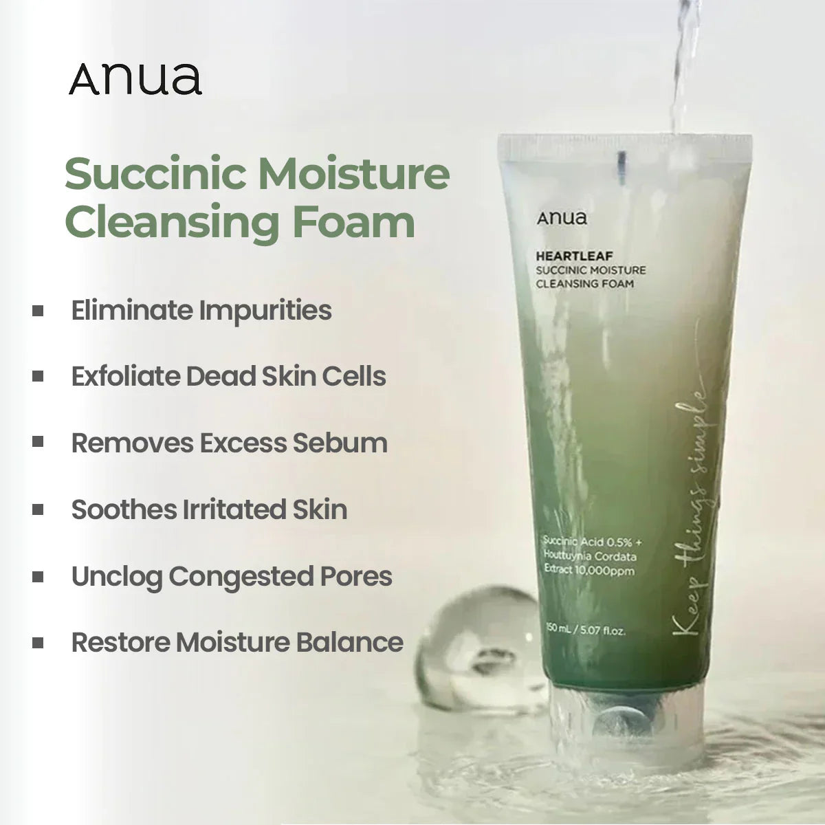 Anua Heartleaf Succinic Moisture Cleansing Foam -150ml