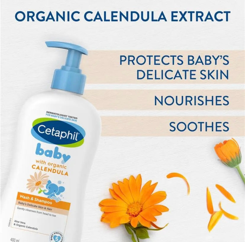 Cetaphil Baby Wash & Shampoo With Organic Calendula Tear-Free – 400ml | Gentle Skincare For Babies